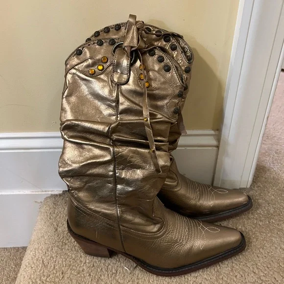 Steve Madden leather metallic gold stud detail slouch fringe cowgirl boots - Picture 3 of 13